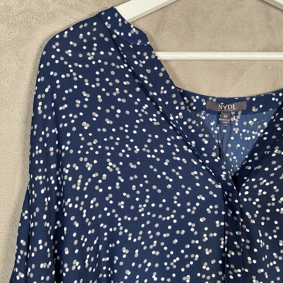 NYDJ Pintuck Pleat Back Blouse Plus Size 1X Pisco Polka Dot Blue White 3/4 Sleev - Picture 6 of 15